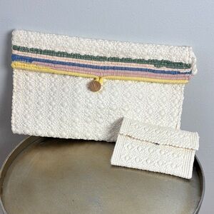 Woven clutch purse with matching wallet.